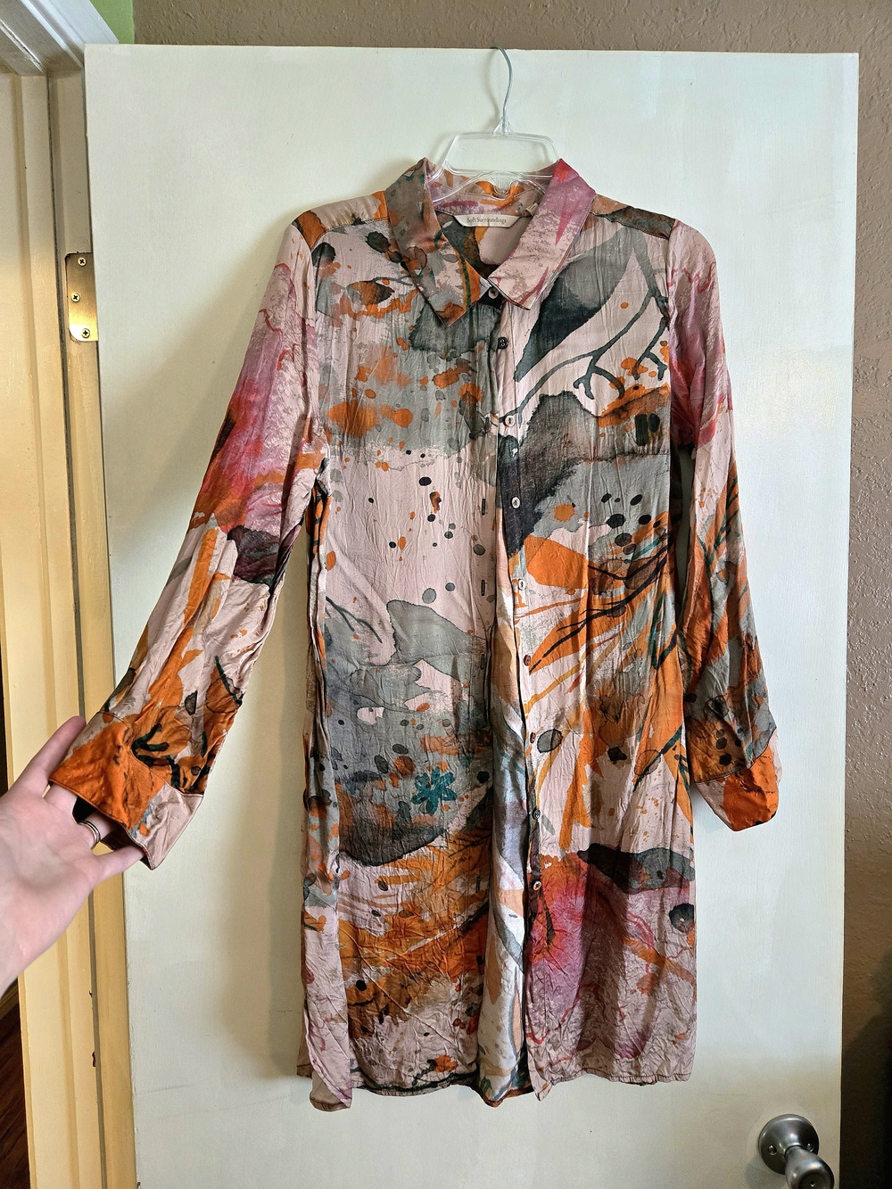 Women’s Button-Down Dress in Pink and Orange Abstract Print